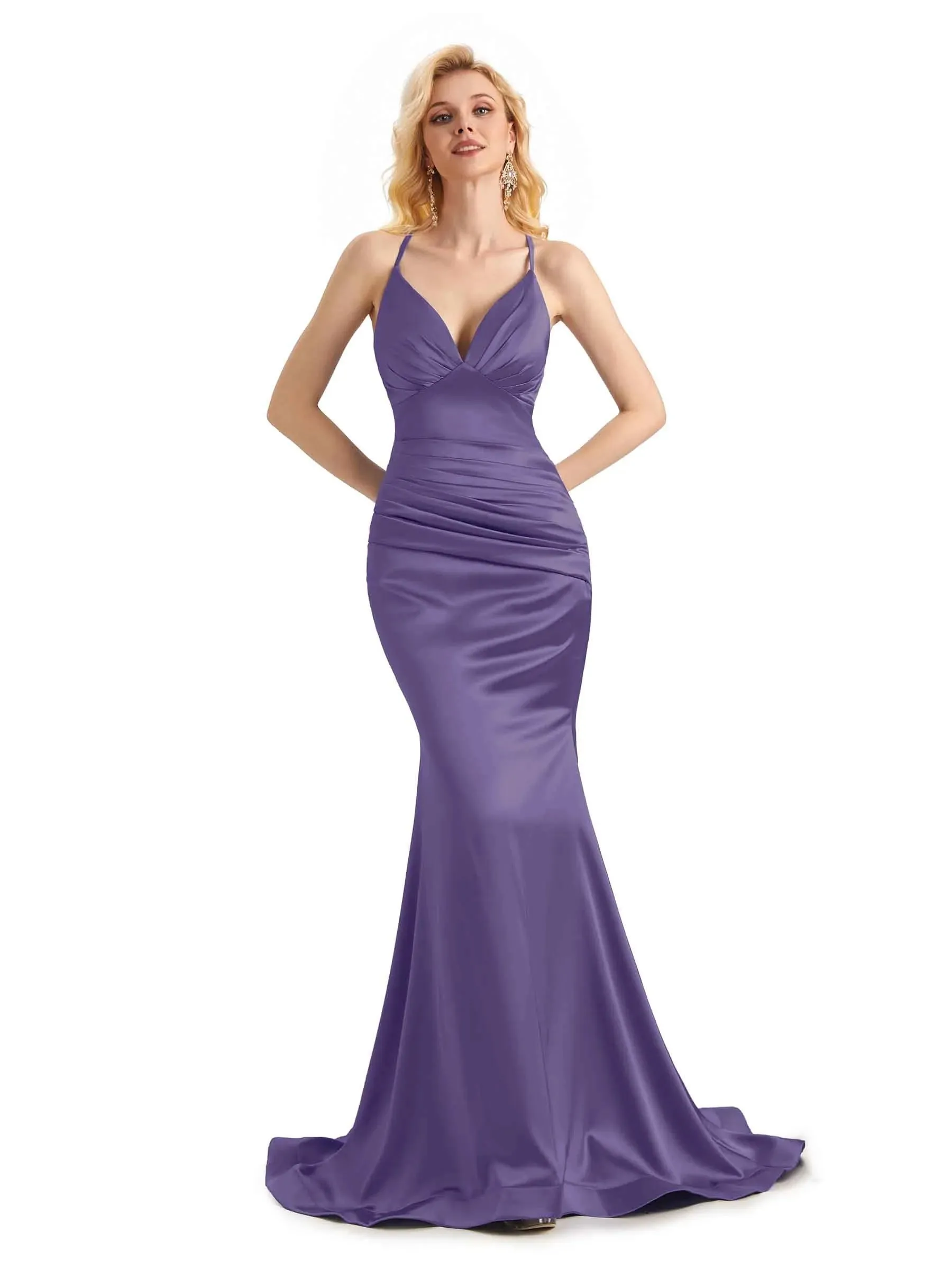 Elegant Soft Satin Mermaid Spaghetti Straps V-Neck Backless Long Prom Dresses Online