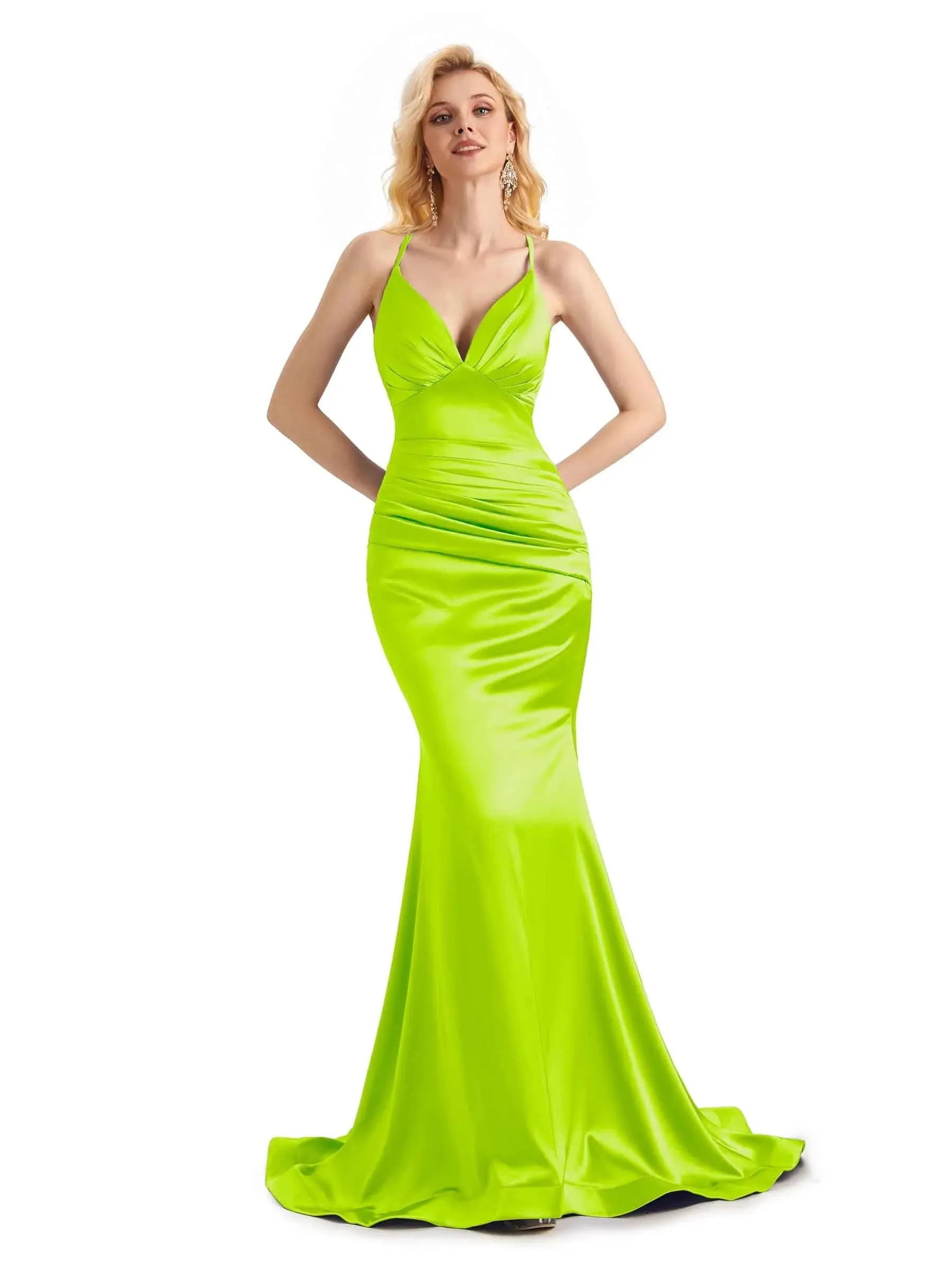 Elegant Soft Satin Mermaid Spaghetti Straps V-Neck Backless Long Prom Dresses Online