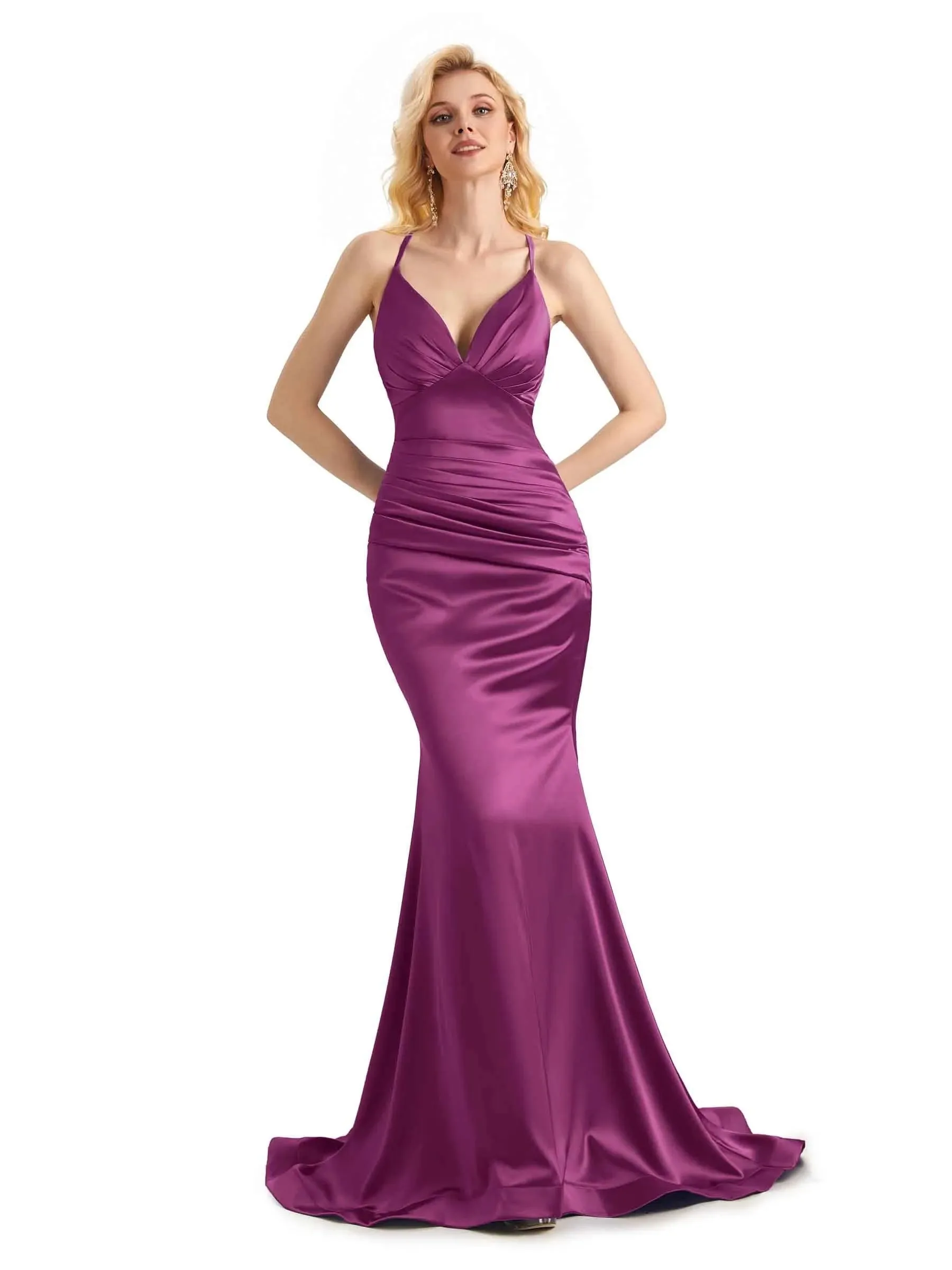 Elegant Soft Satin Mermaid Spaghetti Straps V-Neck Backless Long Prom Dresses Online