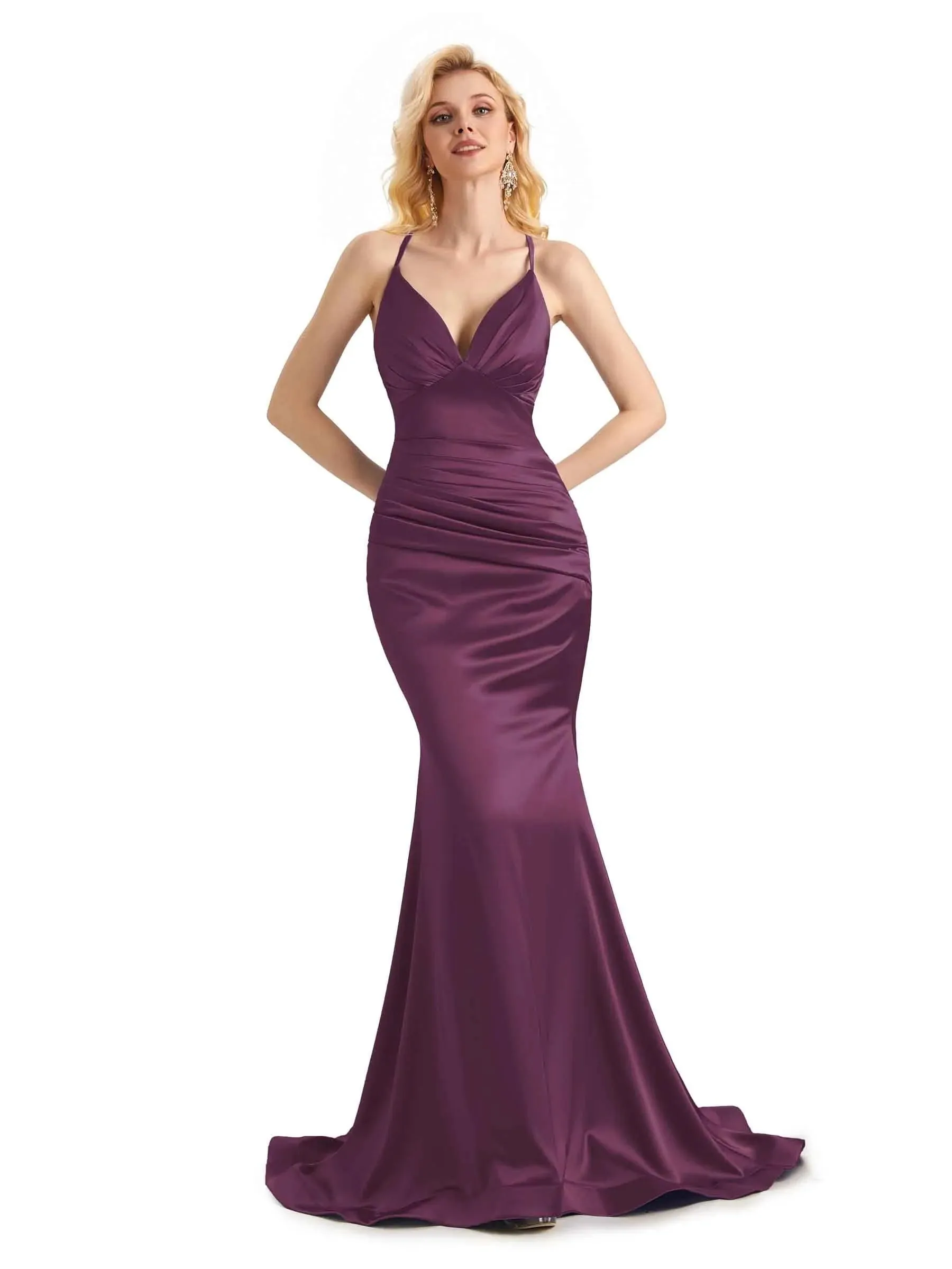 Elegant Soft Satin Mermaid Spaghetti Straps V-Neck Backless Long Prom Dresses Online