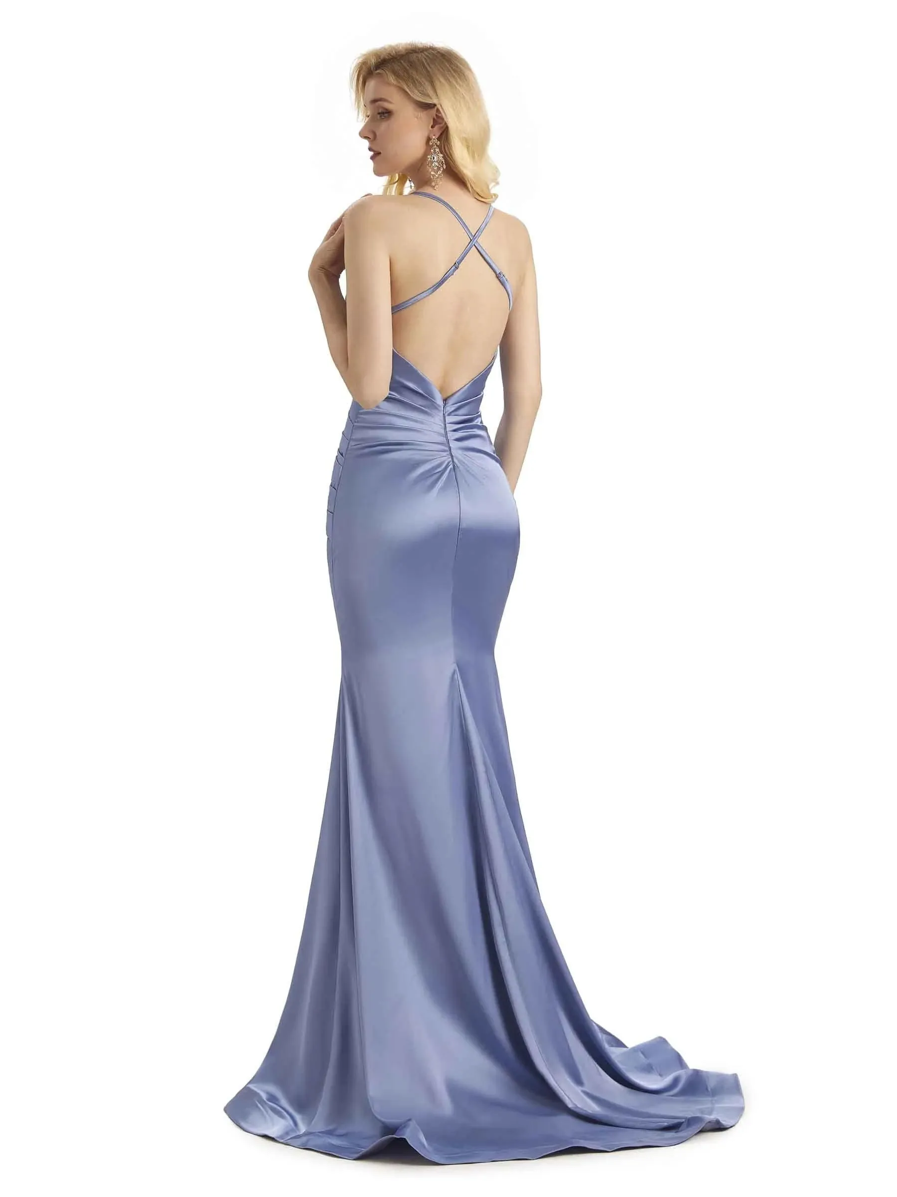 Elegant Soft Satin Mermaid Spaghetti Straps V-Neck Backless Long Prom Dresses Online