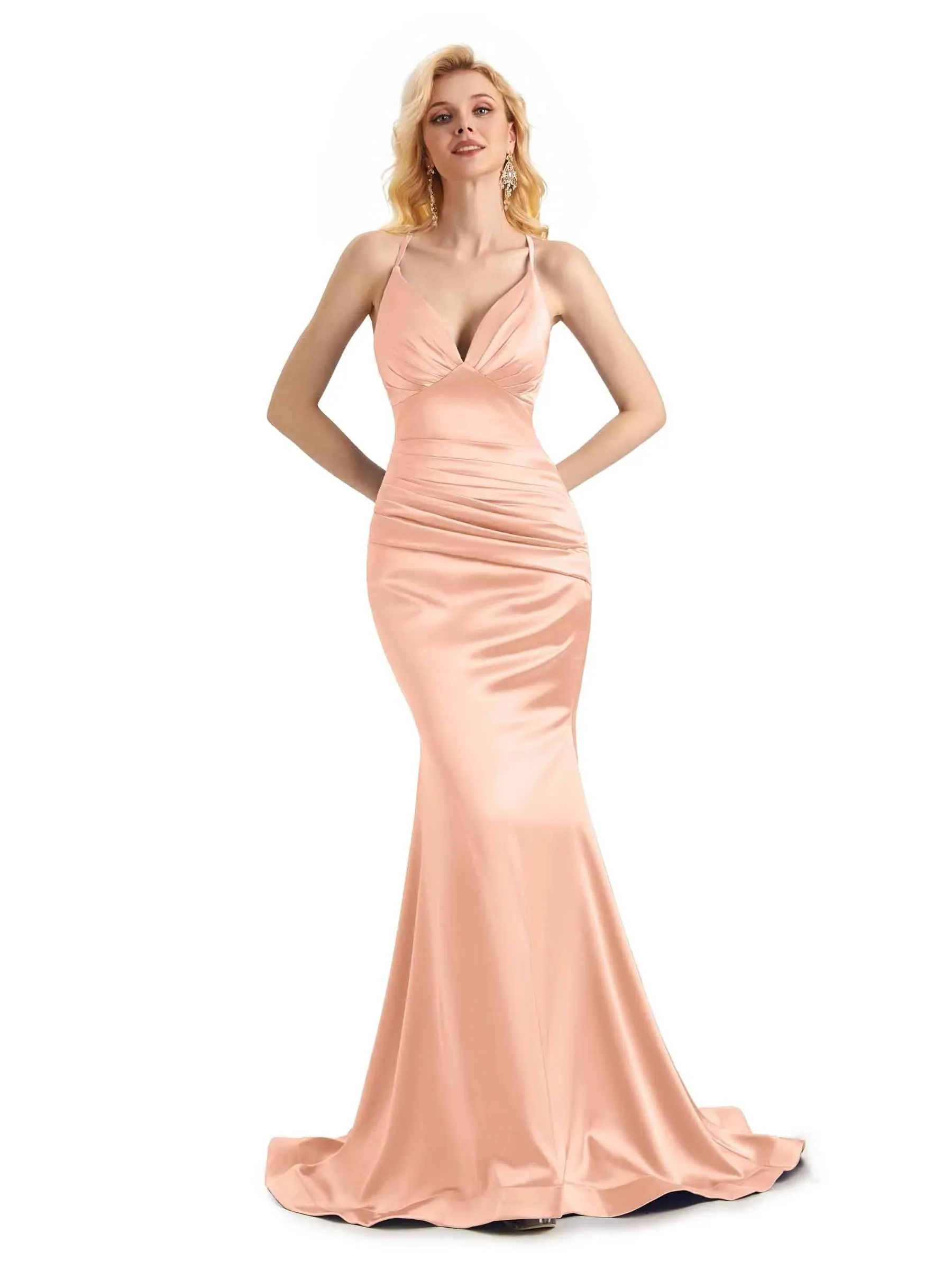 Elegant Soft Satin Mermaid Spaghetti Straps V-Neck Backless Long Prom Dresses Online