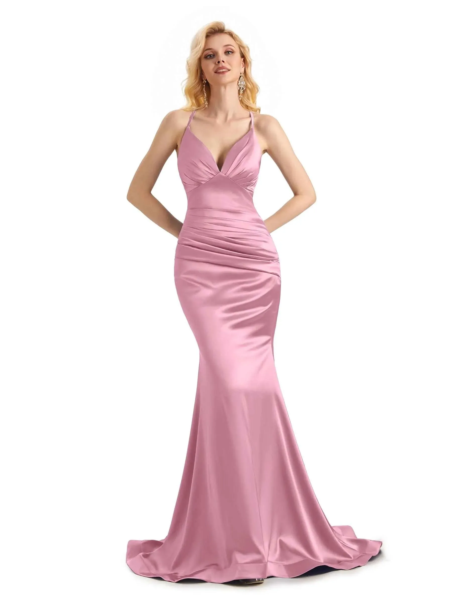 Elegant Soft Satin Mermaid Spaghetti Straps V-Neck Backless Long Prom Dresses Online