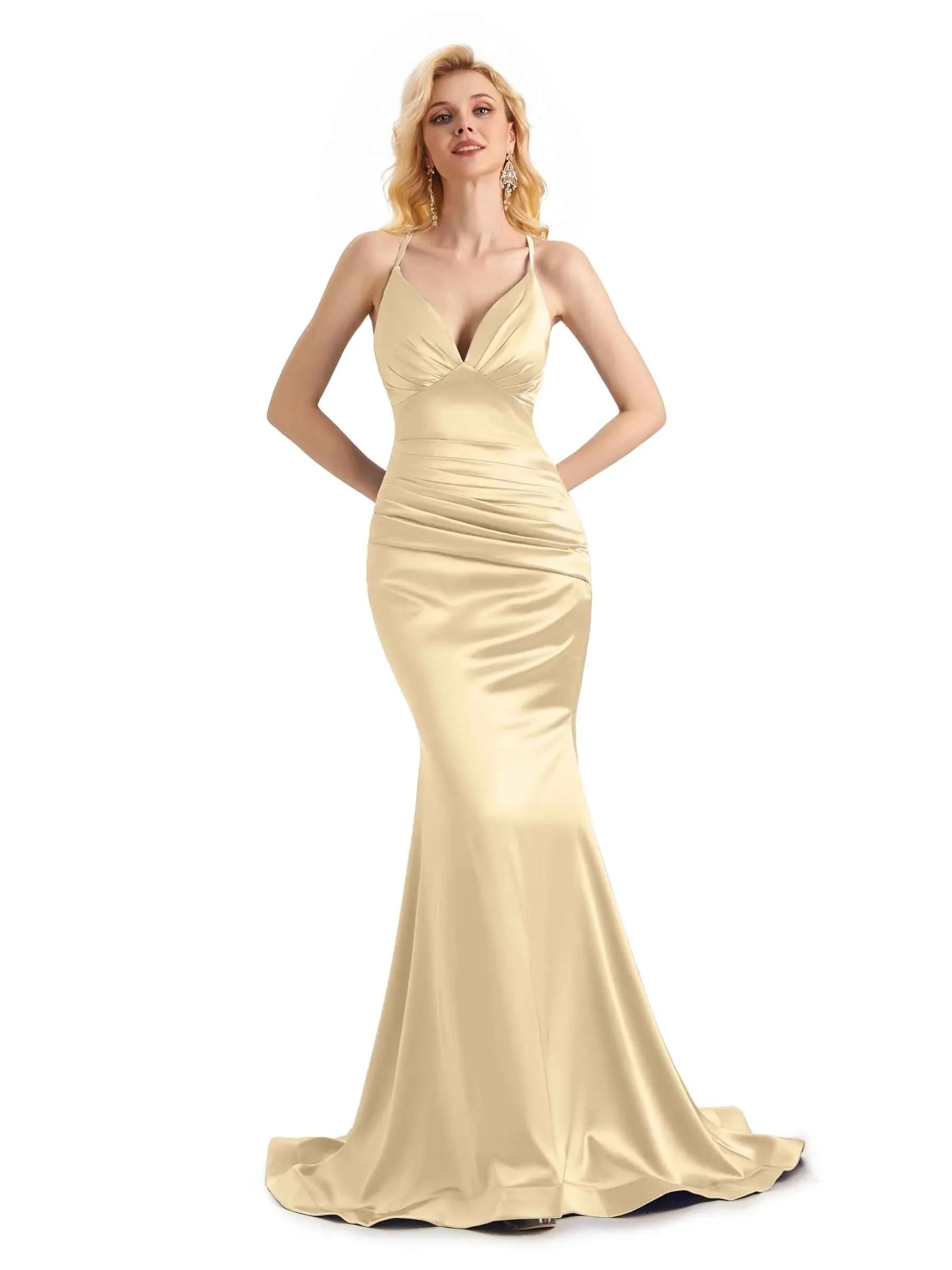 Elegant Soft Satin Mermaid Spaghetti Straps V-Neck Backless Long Prom Dresses Online