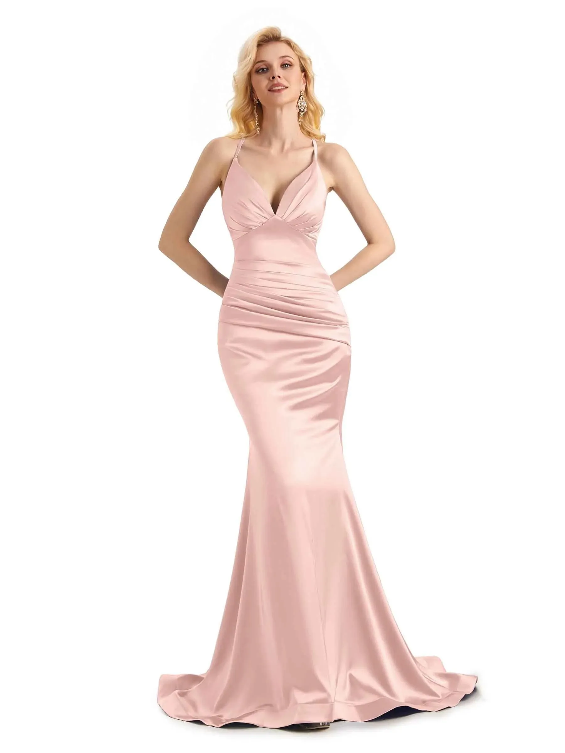 Elegant Soft Satin Mermaid Spaghetti Straps V-Neck Backless Long Prom Dresses Online