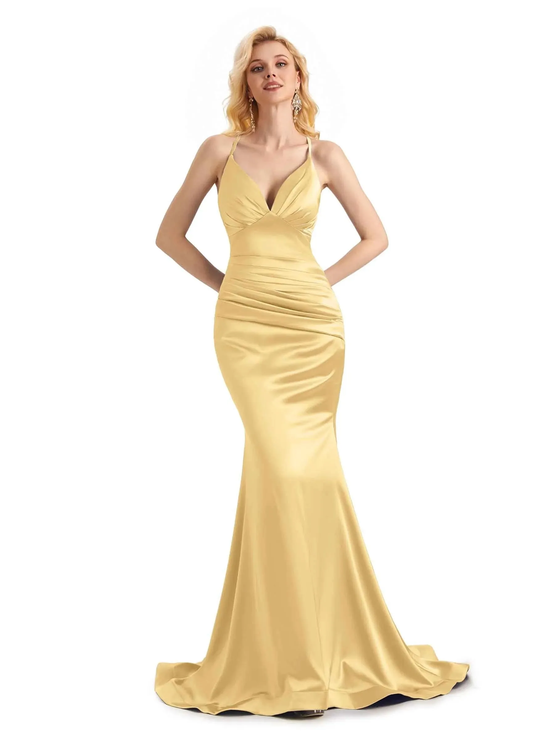 Elegant Soft Satin Mermaid Spaghetti Straps V-Neck Backless Long Prom Dresses Online