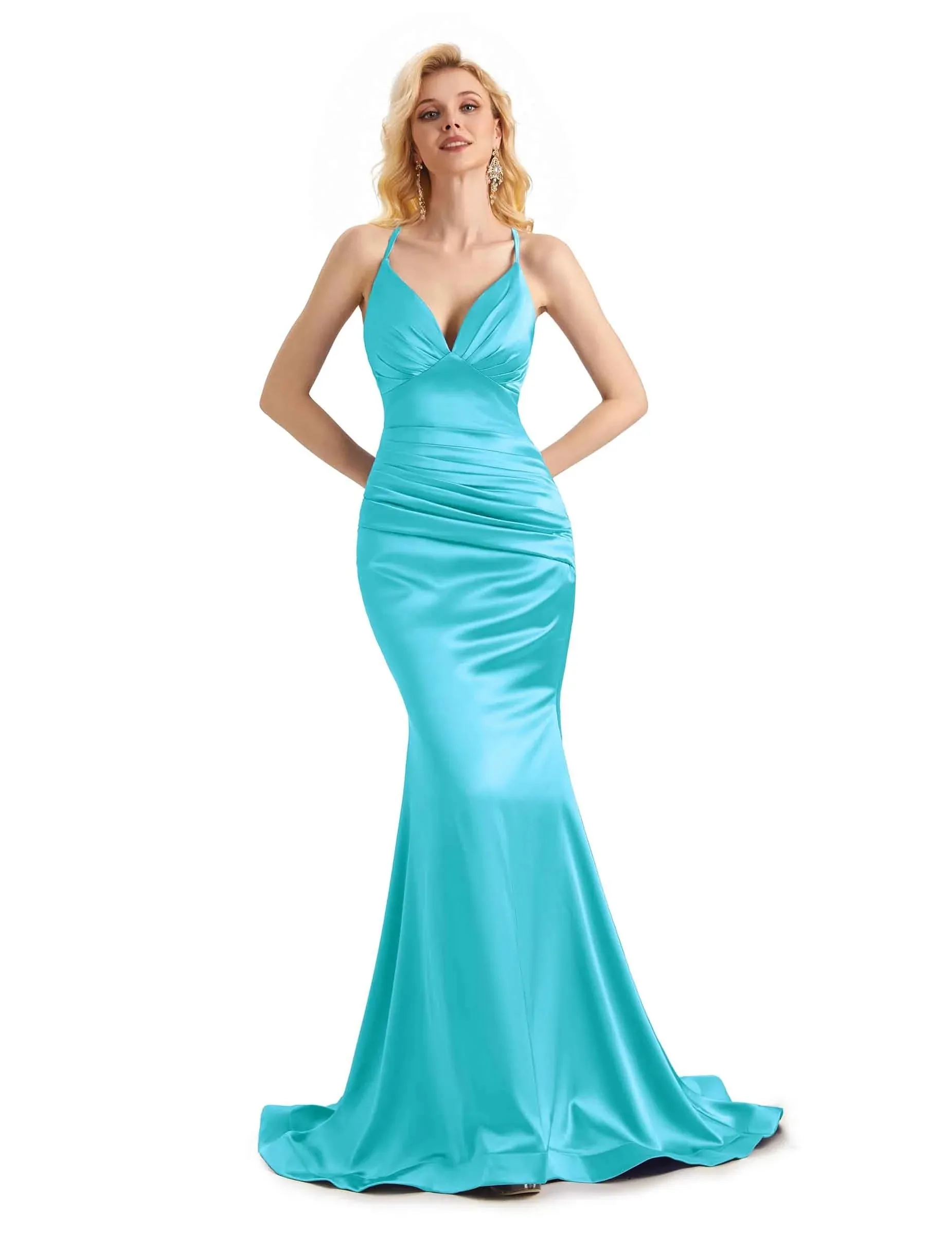 Elegant Soft Satin Mermaid Spaghetti Straps V-Neck Backless Long Prom Dresses Online