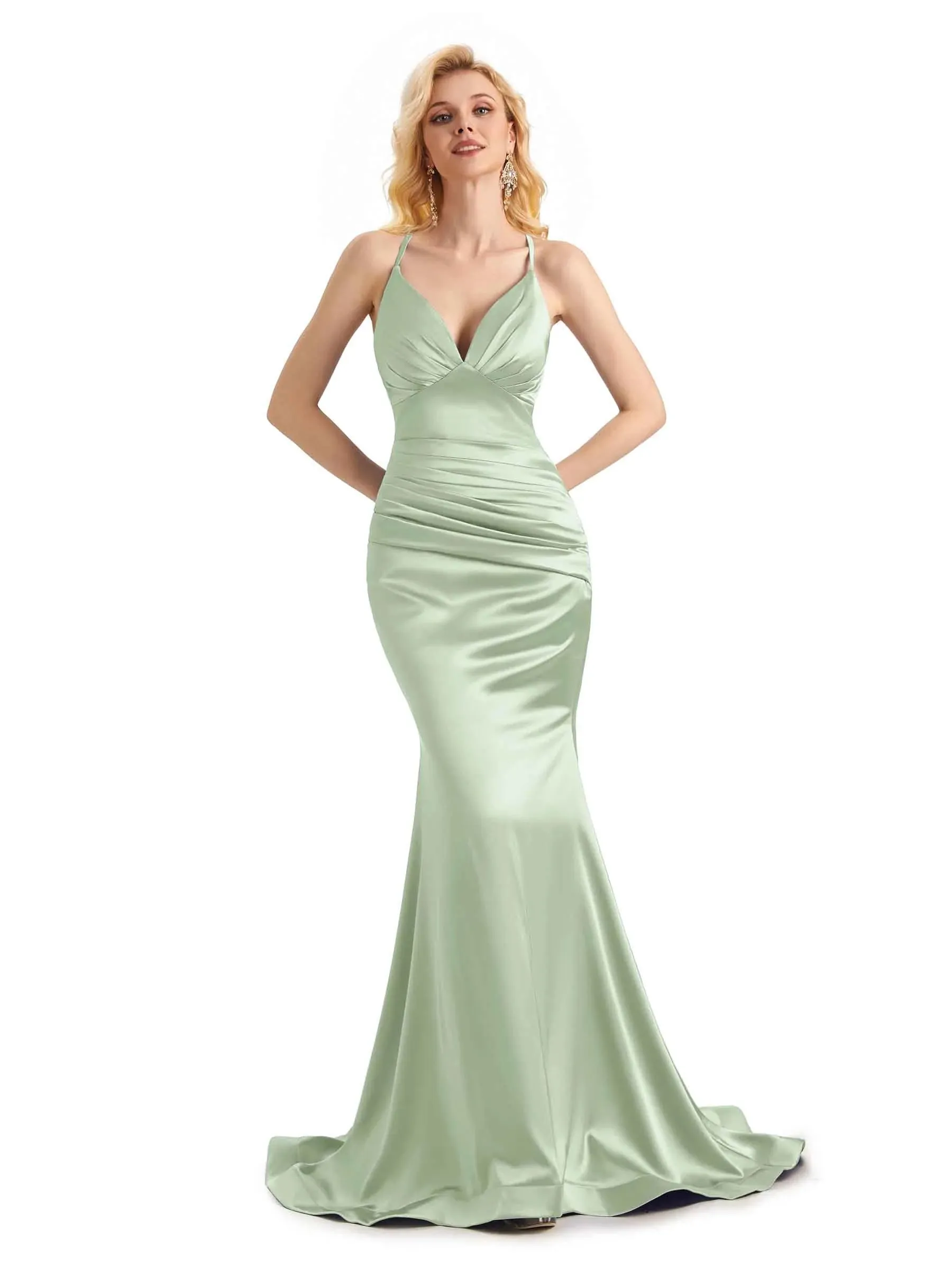 Elegant Soft Satin Mermaid Spaghetti Straps V-Neck Backless Long Prom Dresses Online