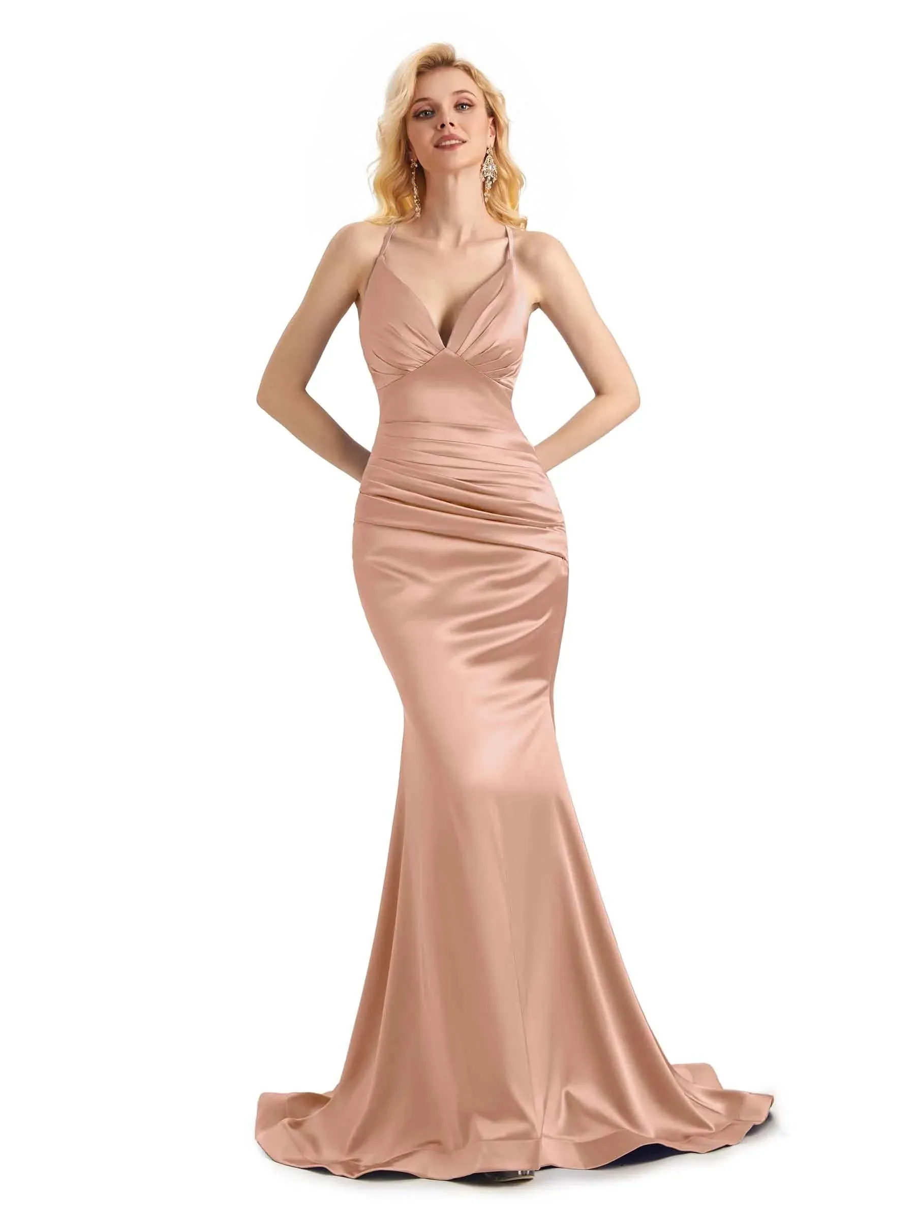 Elegant Soft Satin Mermaid Spaghetti Straps V-Neck Backless Long Prom Dresses Online