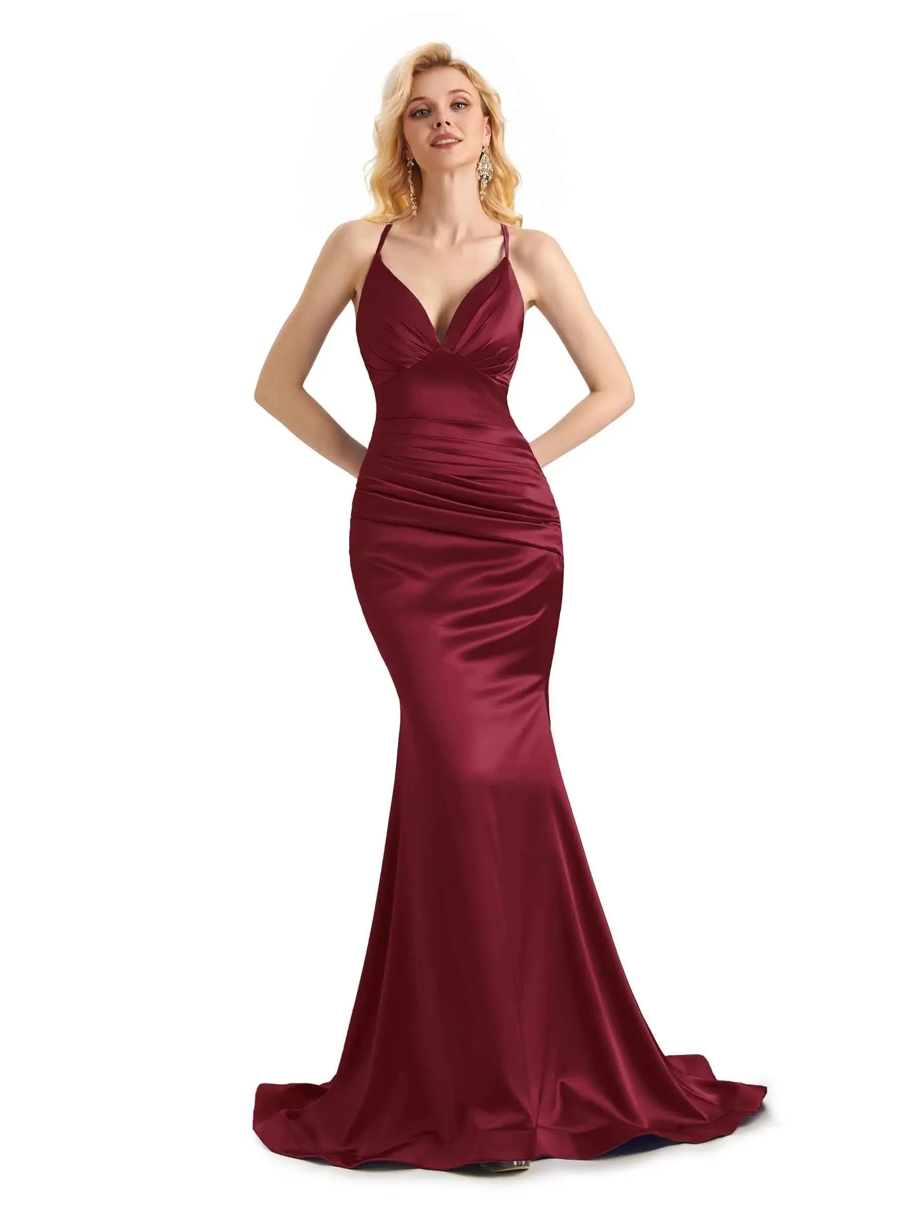 Elegant Soft Satin Mermaid Spaghetti Straps V-Neck Backless Long Prom Dresses Online