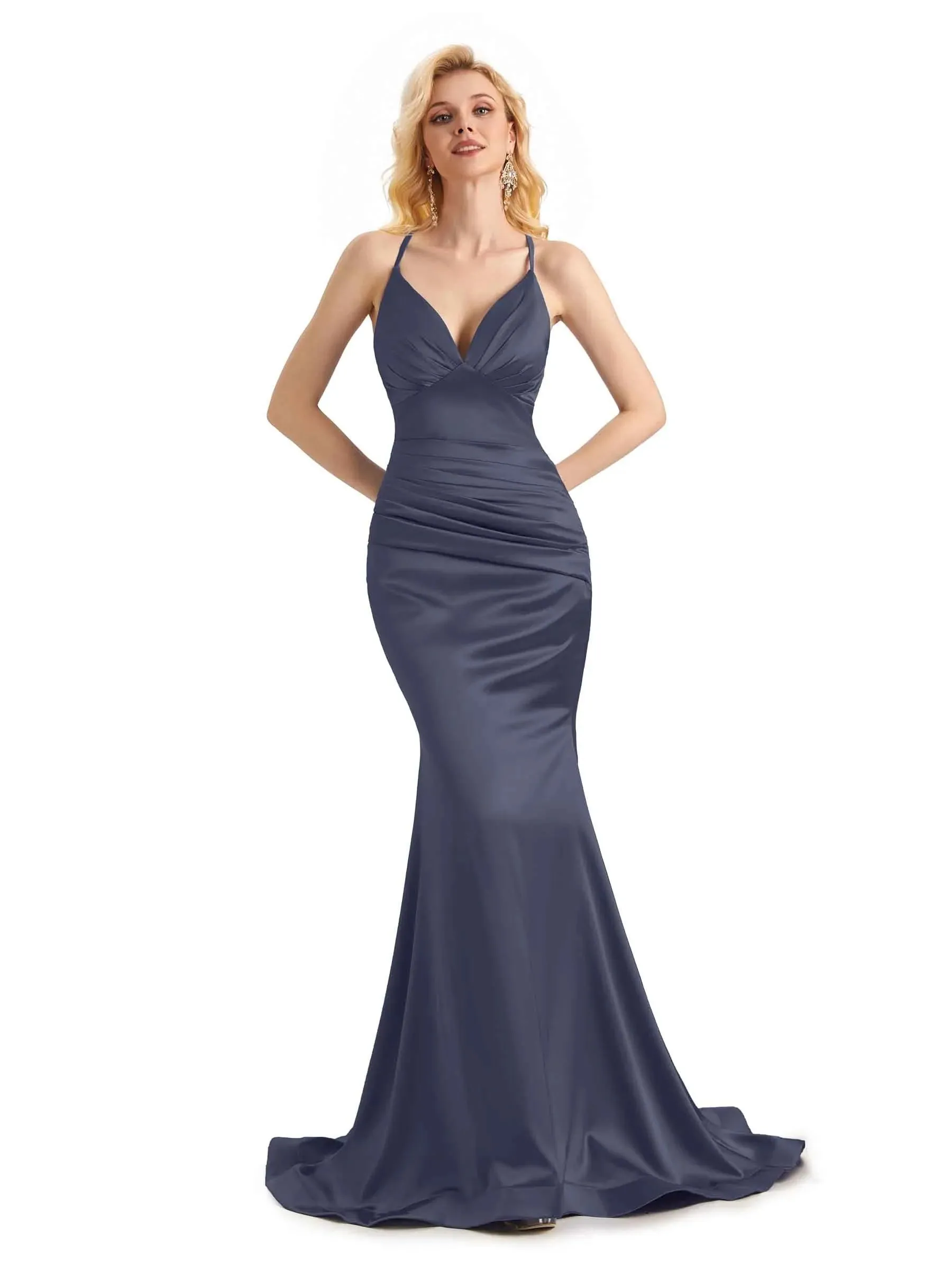 Elegant Soft Satin Mermaid Spaghetti Straps V-Neck Backless Long Prom Dresses Online