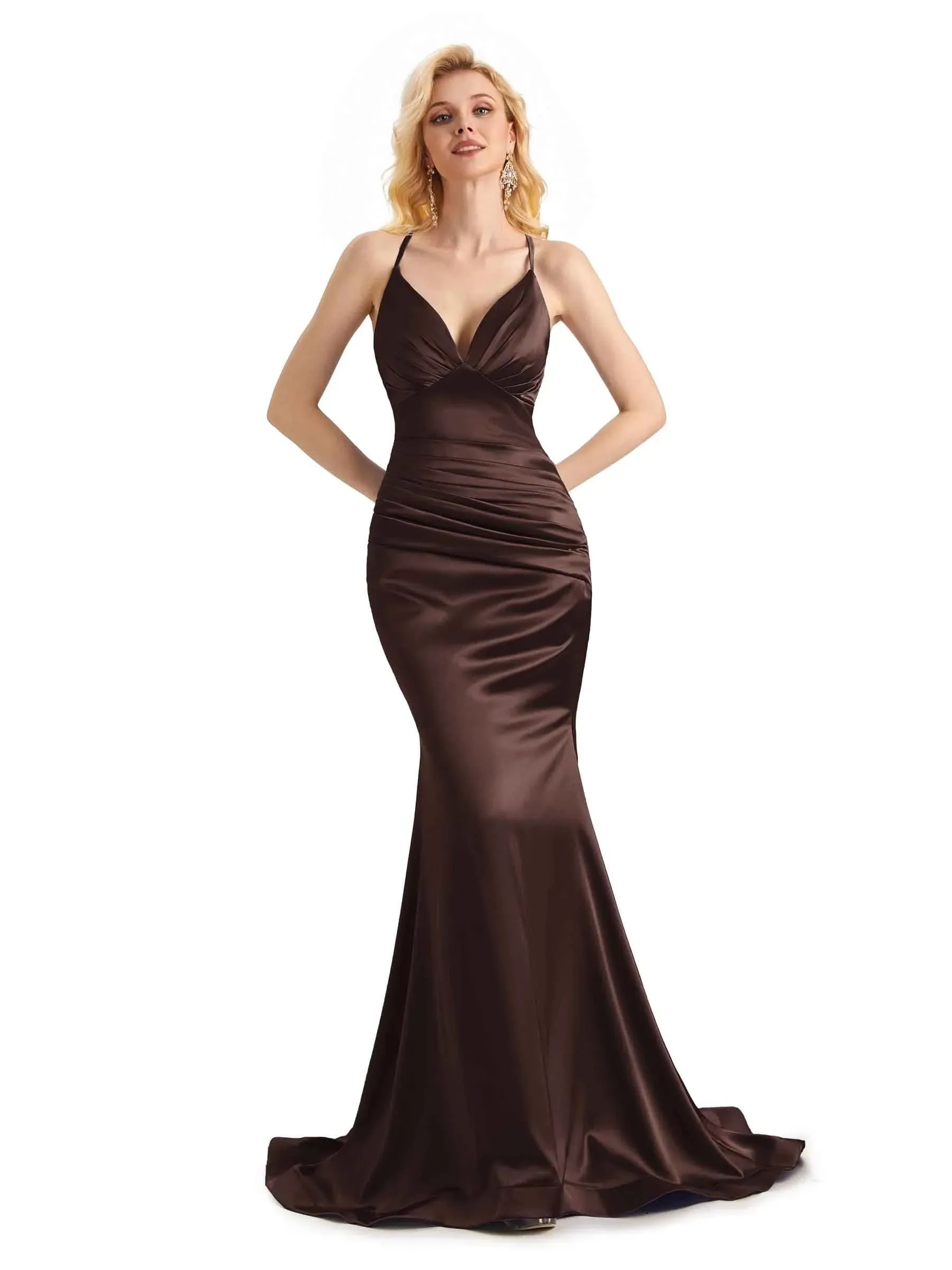 Elegant Soft Satin Mermaid Spaghetti Straps V-Neck Backless Long Prom Dresses Online