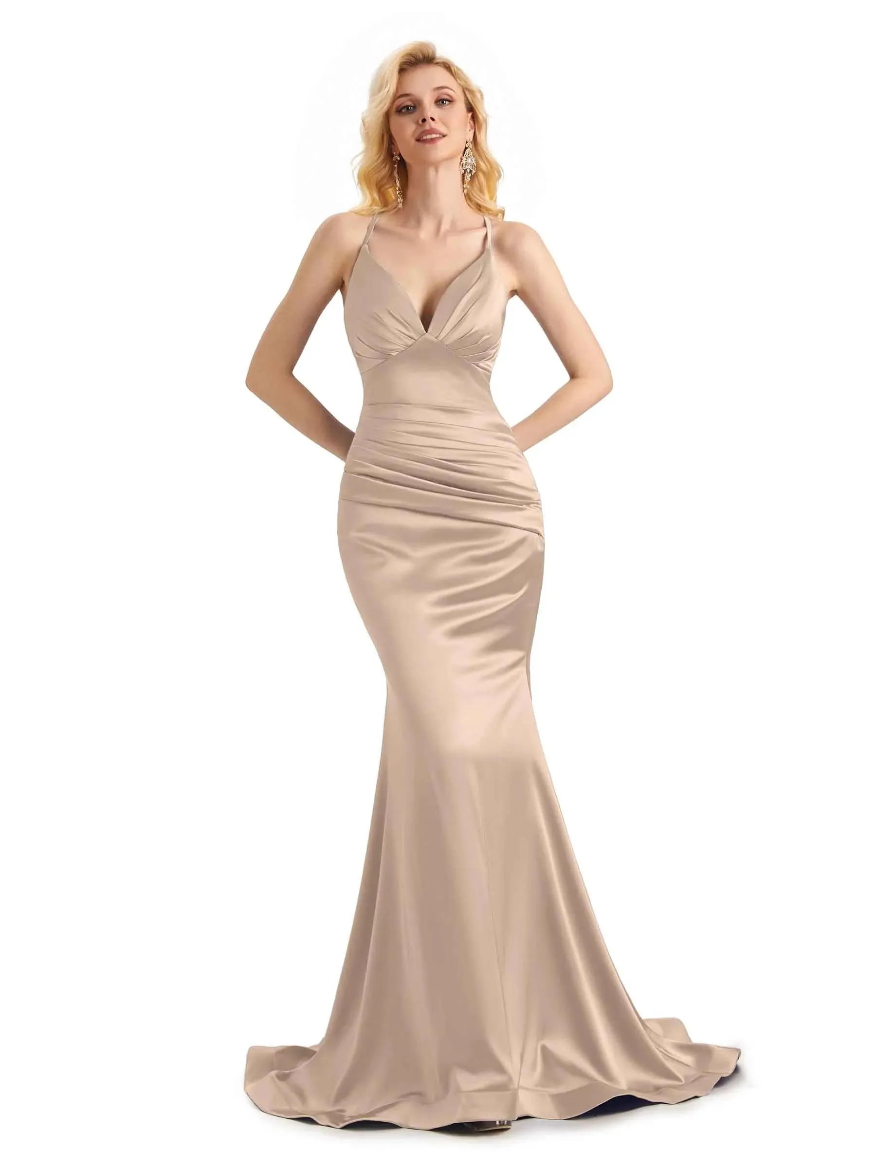 Elegant Soft Satin Mermaid Spaghetti Straps V-Neck Backless Long Prom Dresses Online