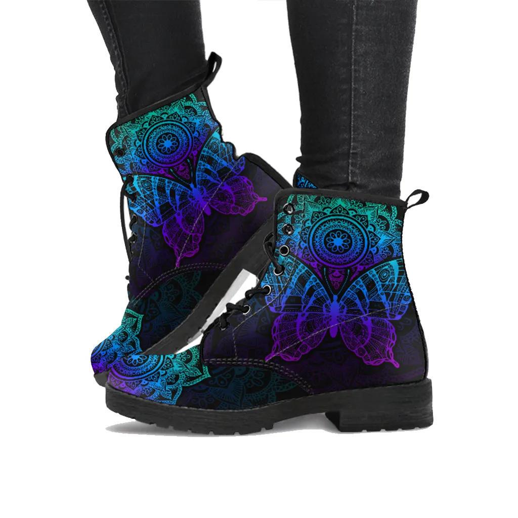 Handcrafted Mandala Butterfly Women's Vegan Leather Combat Boots