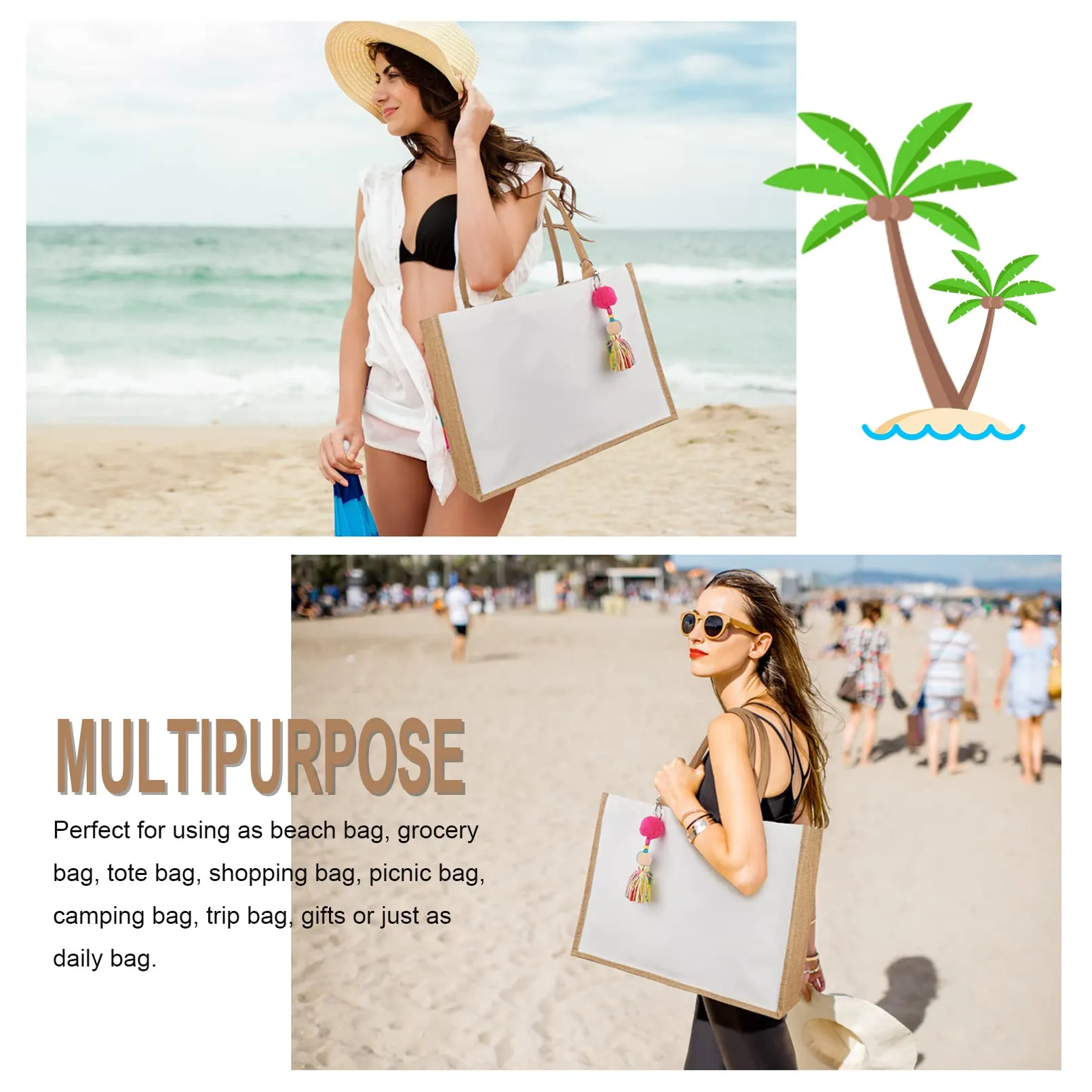 Jute Bag Shopper, Large Jute Bag Beach Bag Foldable Waterproof Shopping Bags Handbag for Picnic Travel Shopping Beach and Everyday Life