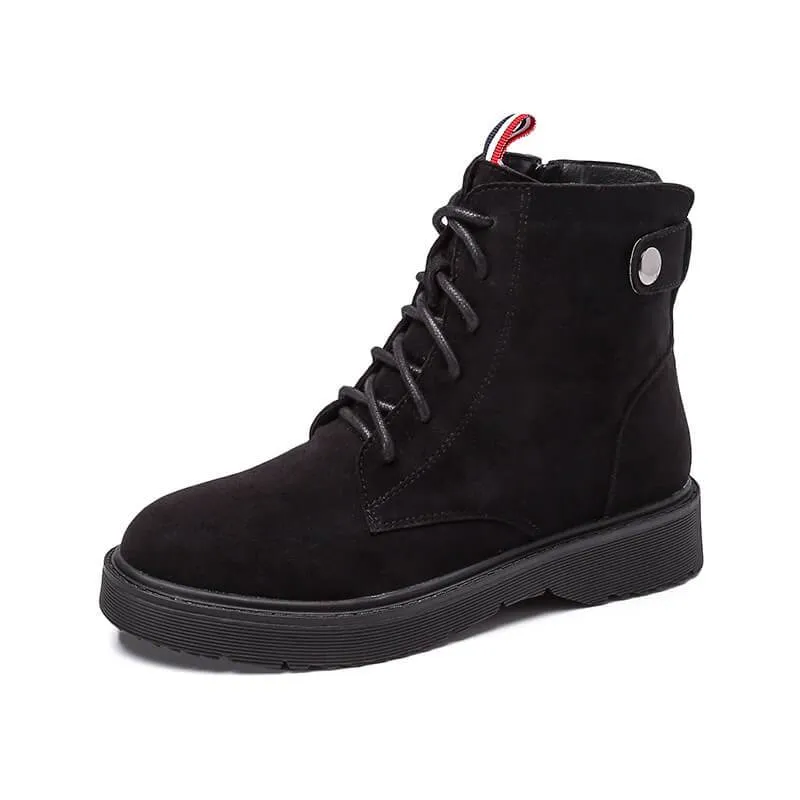 Lace Up Suede Zipper Flat Ankle Martin Boots