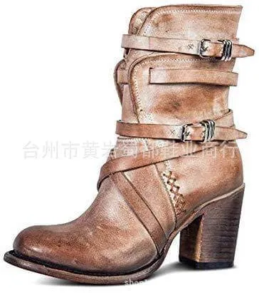 Leather Belt High Chunky Heel Calf Boots