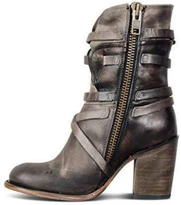 Leather Belt High Chunky Heel Calf Boots