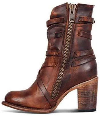 Leather Belt High Chunky Heel Calf Boots