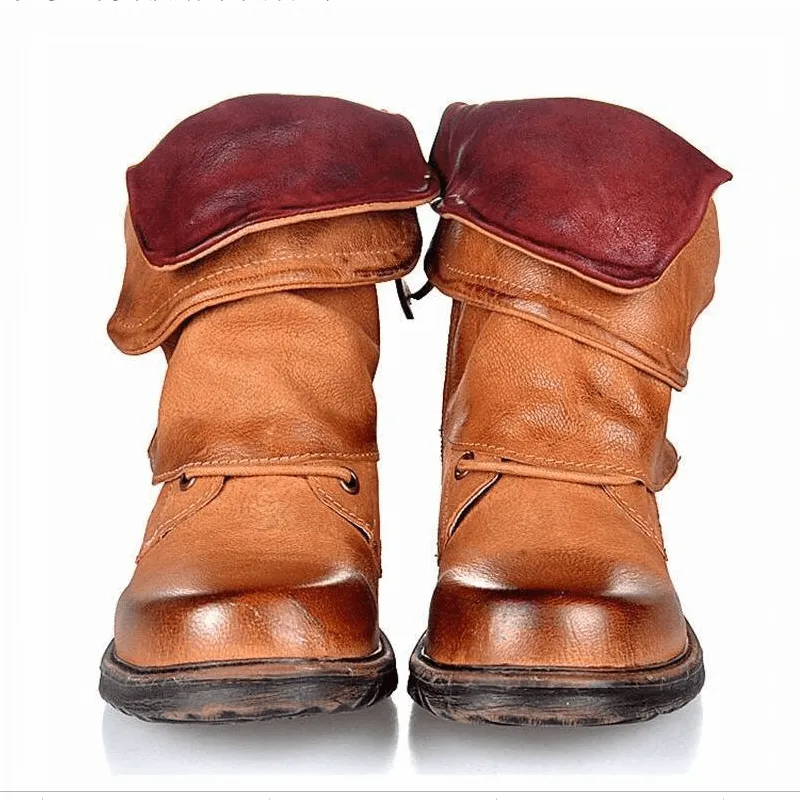 Leather Low Chunky Heel Round Toe Ankle Boots
