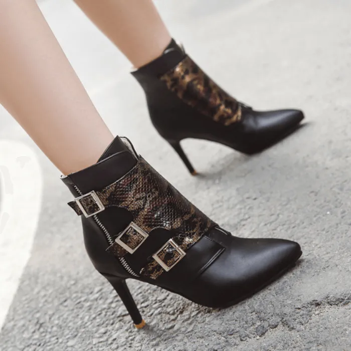 Leather Snakeskin Buckle High Heel Ankle Boots