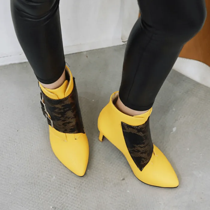 Leather Snakeskin Buckle High Heel Ankle Boots