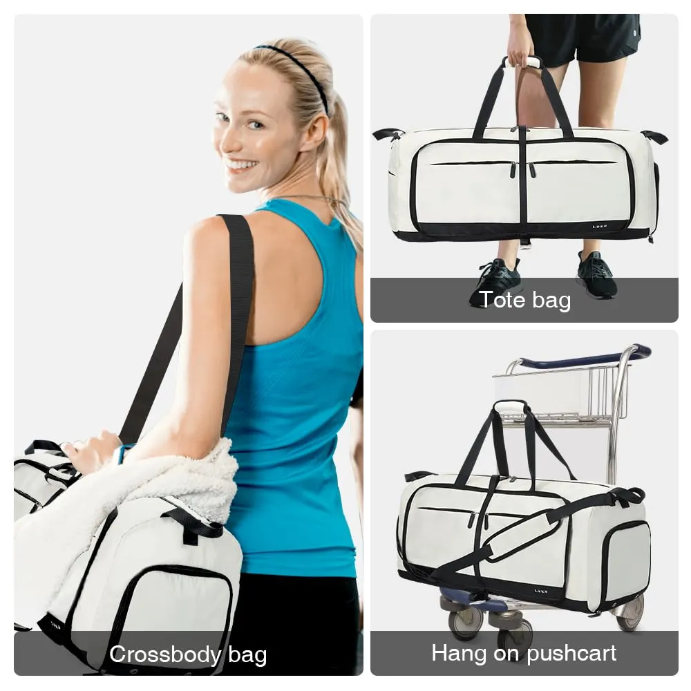 Lekesky Travel Duffel Bag Bag for Women 80L Large Duffel Bag Foldable Weekender Bag with Shoes Compartment(02White)