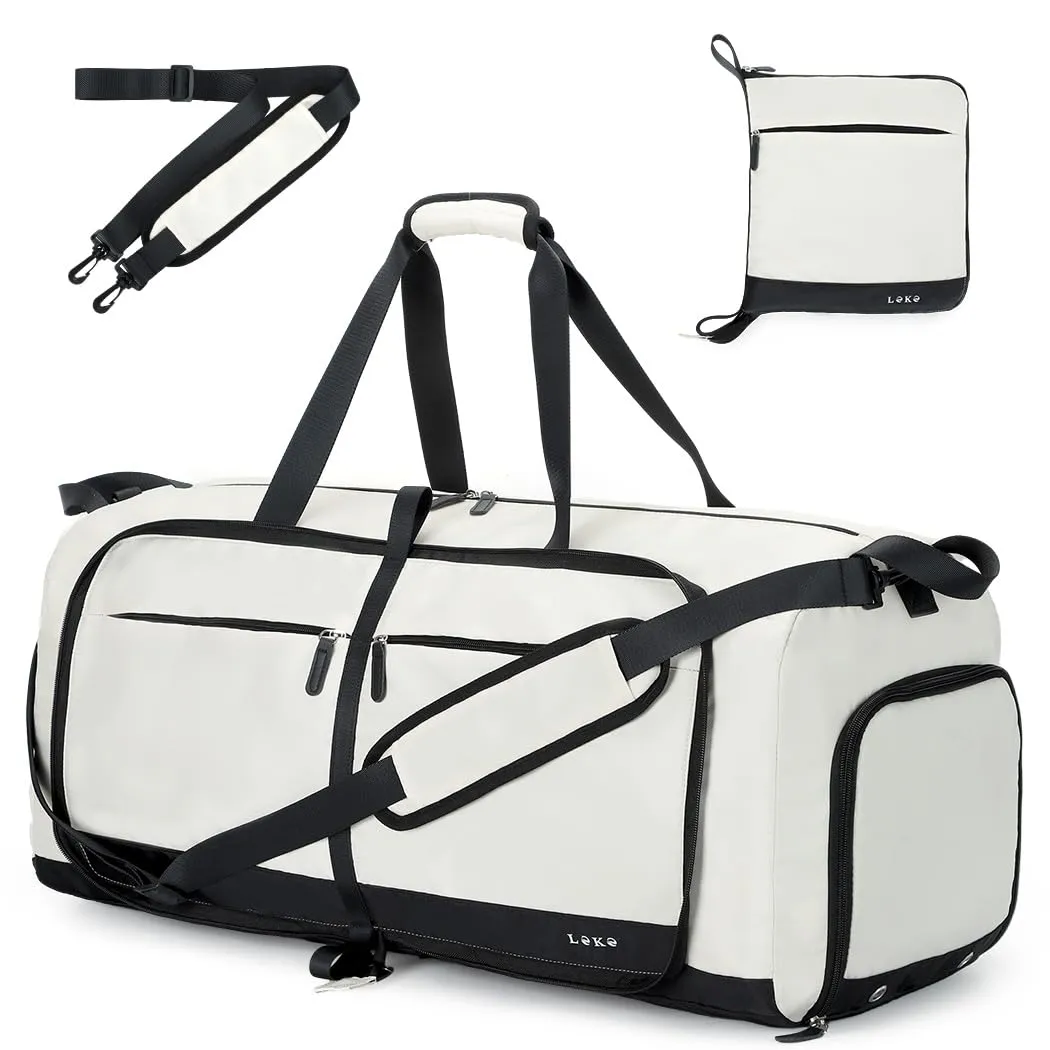 Lekesky Travel Duffel Bag Bag for Women 80L Large Duffel Bag Foldable Weekender Bag with Shoes Compartment(02White)