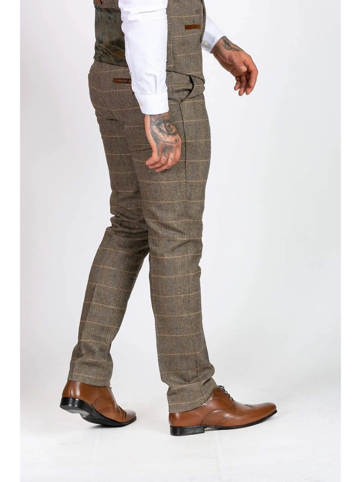 Marc Darcy Ted Tan Heritage Tweed Check Trousers