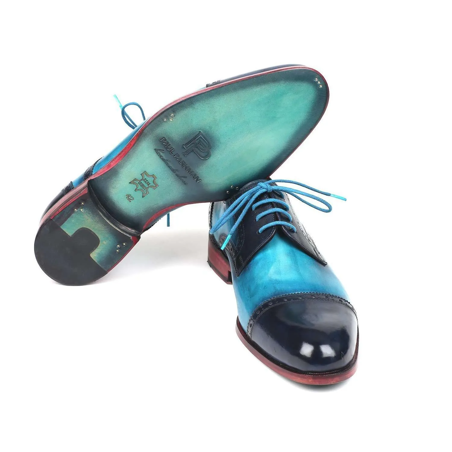 Paul Parkman Handmade Designer Shoes Two Tone Cap-Toe Derby Designer Shoes Blue & Turquoise Oxfords (PM5851)