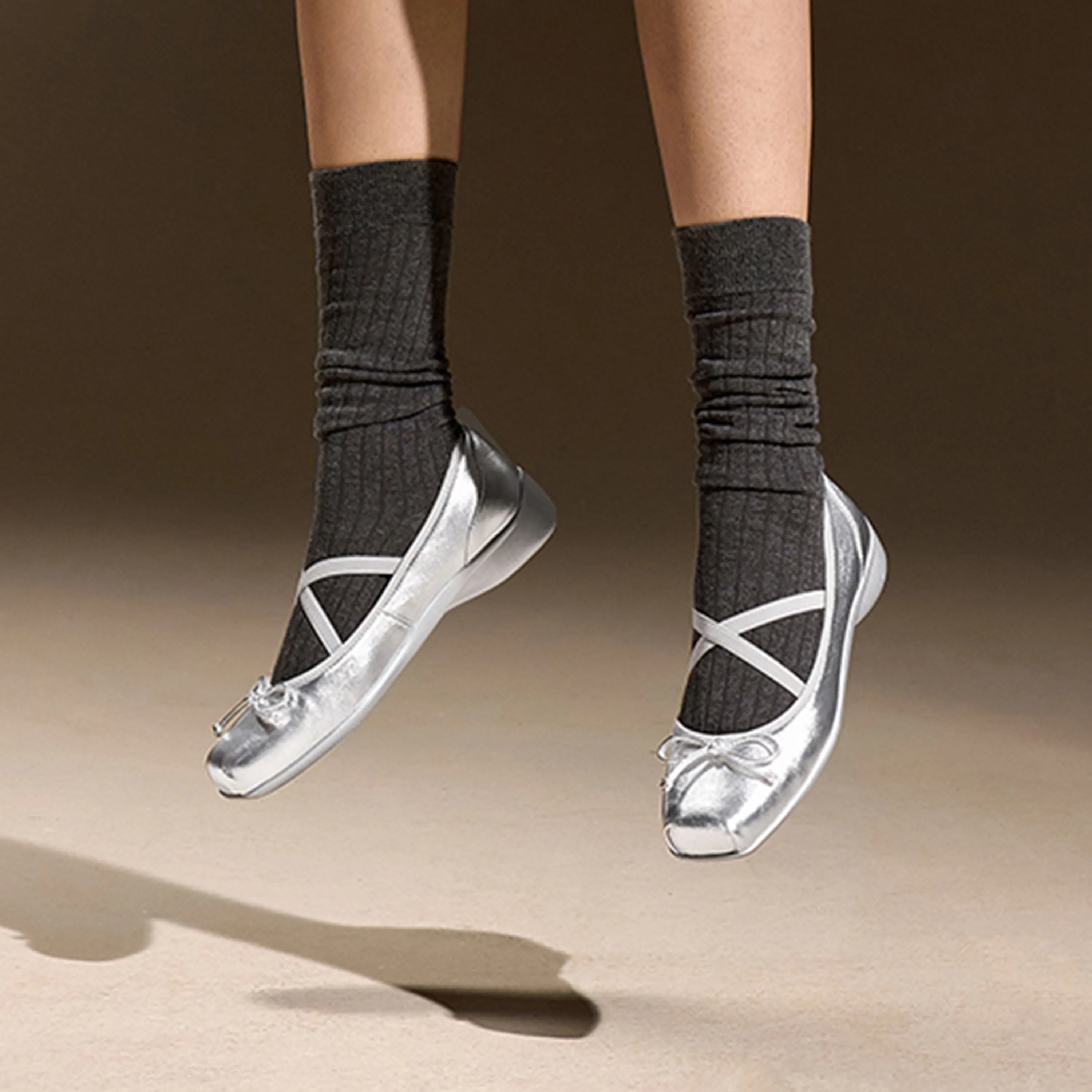 Silver Bow Cross Strap Ballerina Flats