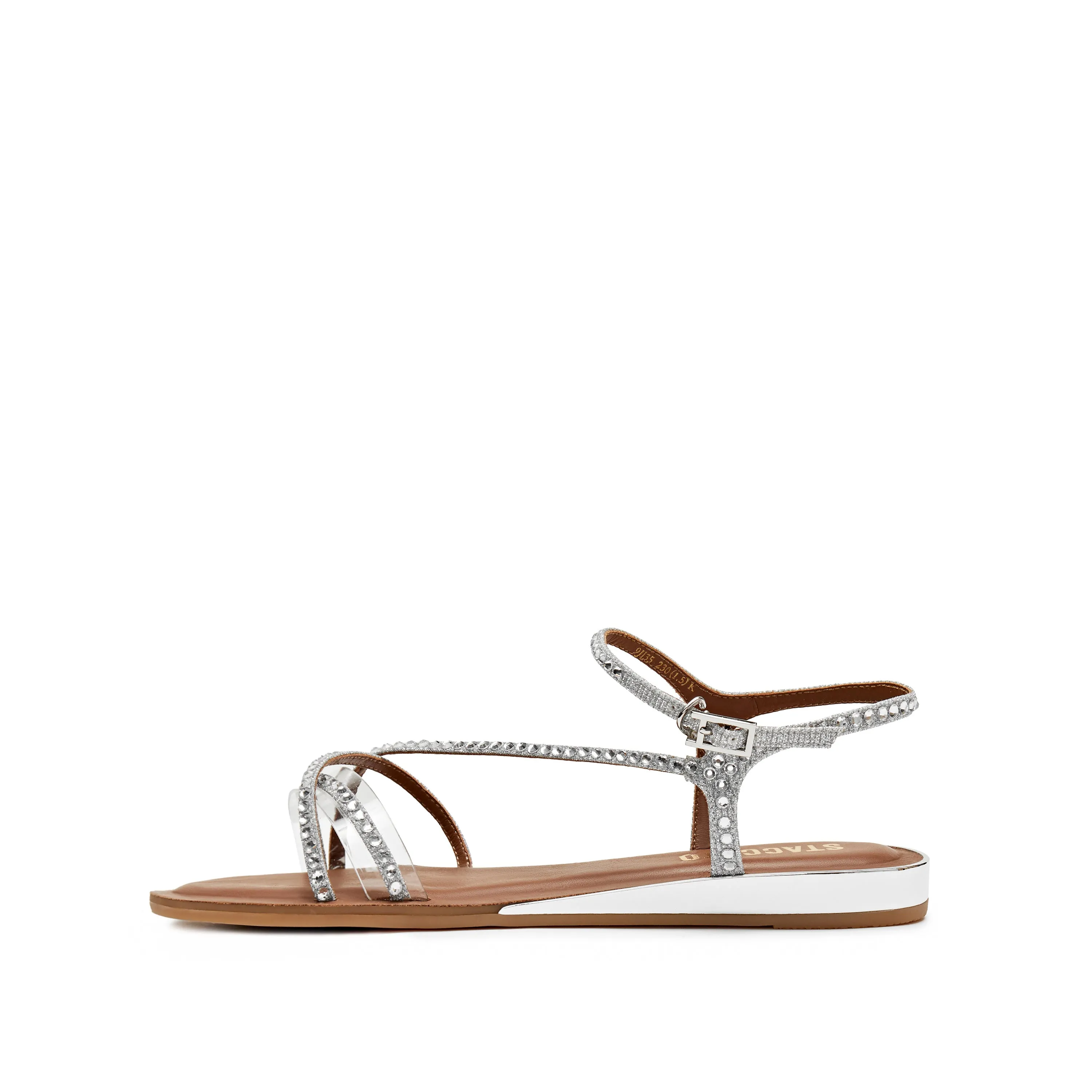 Silver Crystal Cross Strap Flat Sandals