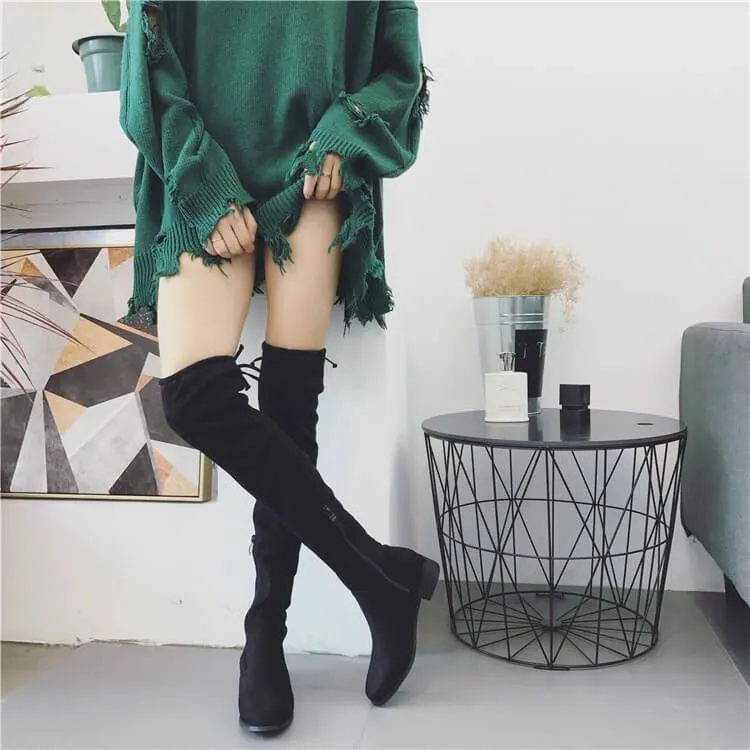 Suede Low Heel Over Knee  Sock Boots