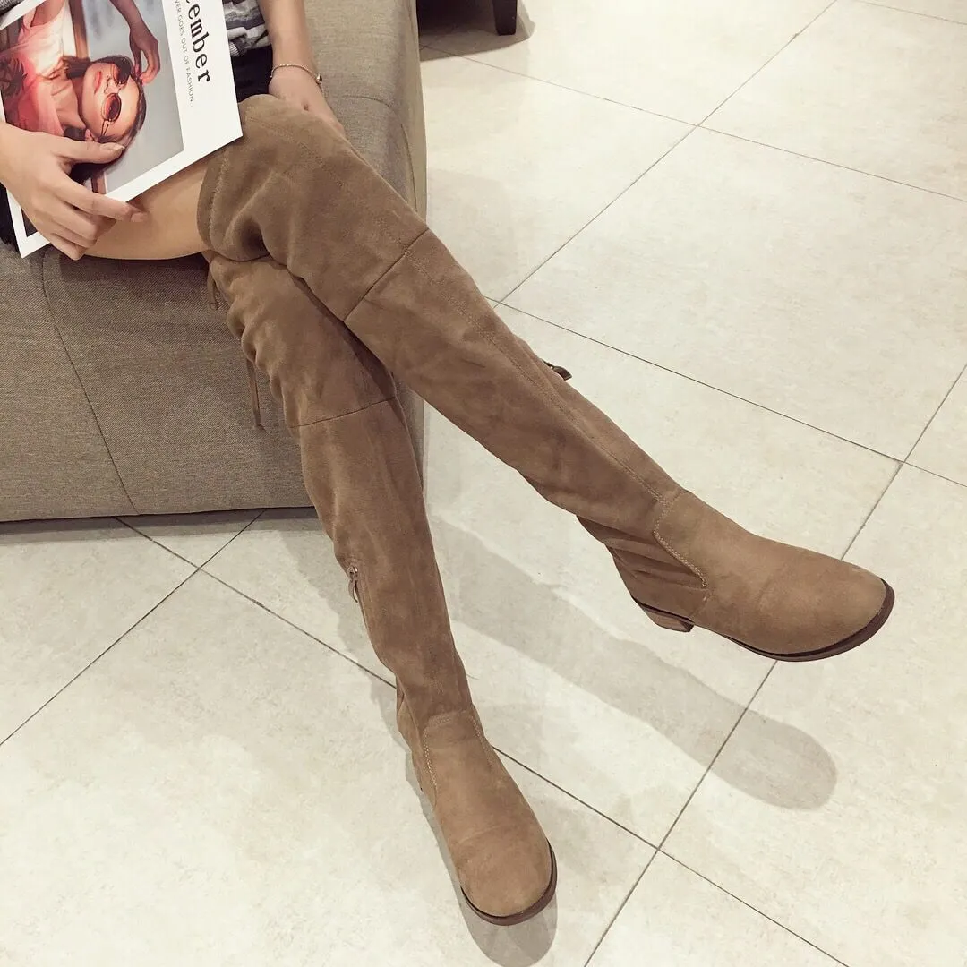 Suede Low Heel Over Knee  Sock Boots