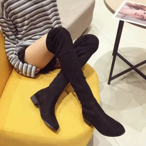 Suede Low Heel Over Knee  Sock Boots