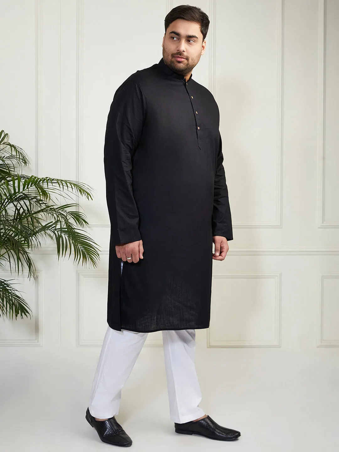 Vastramay Plus Men's Black Cotton Linen Kurta Pyjama Set