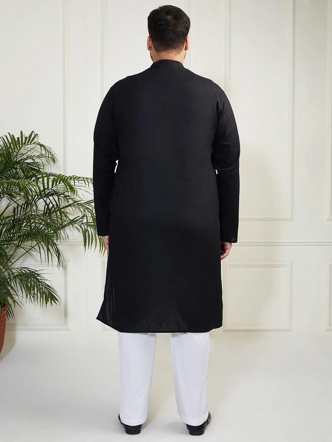 Vastramay Plus Men's Black Cotton Linen Kurta Pyjama Set
