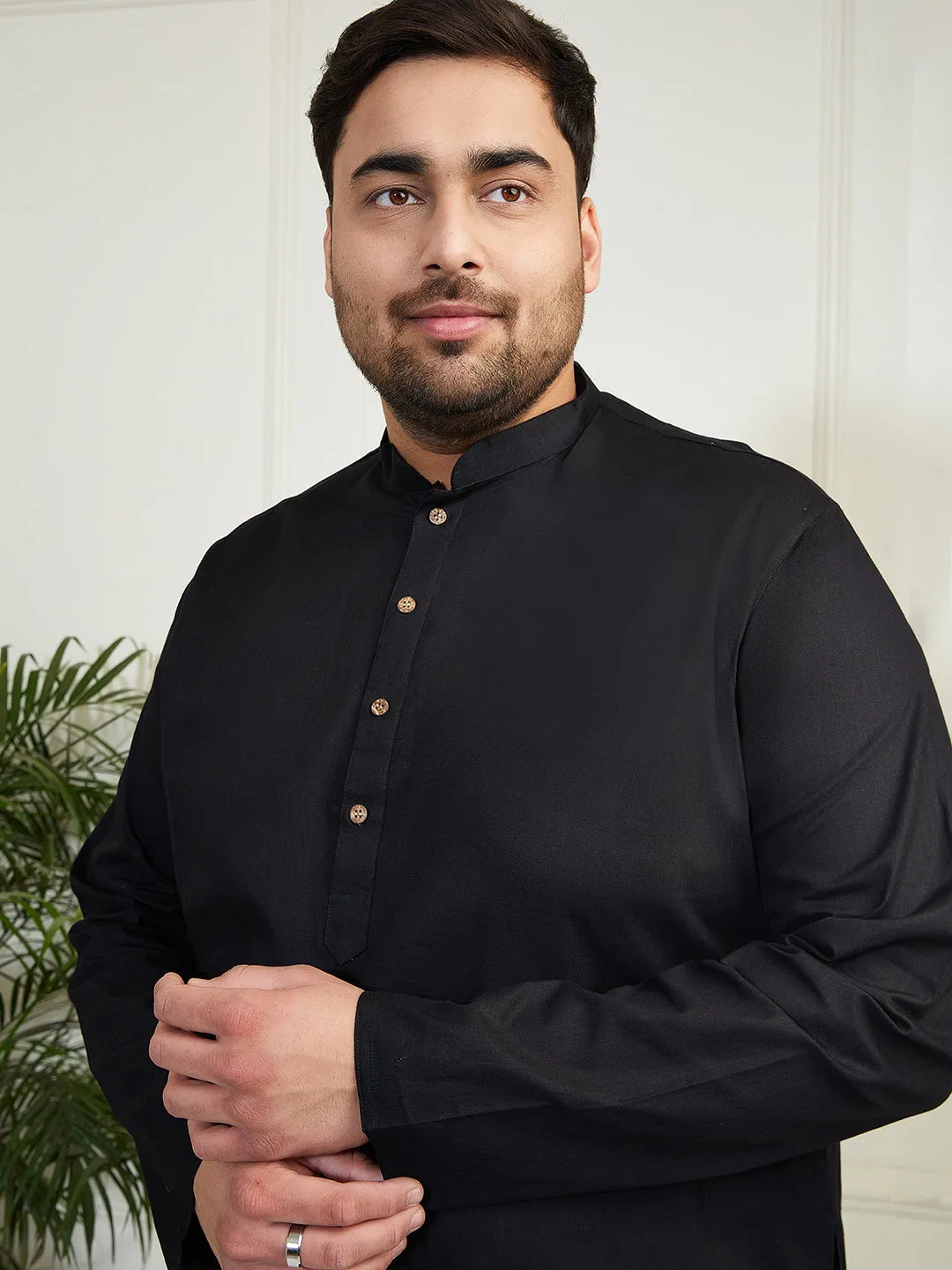 Vastramay Plus Men's Black Cotton Linen Kurta Pyjama Set