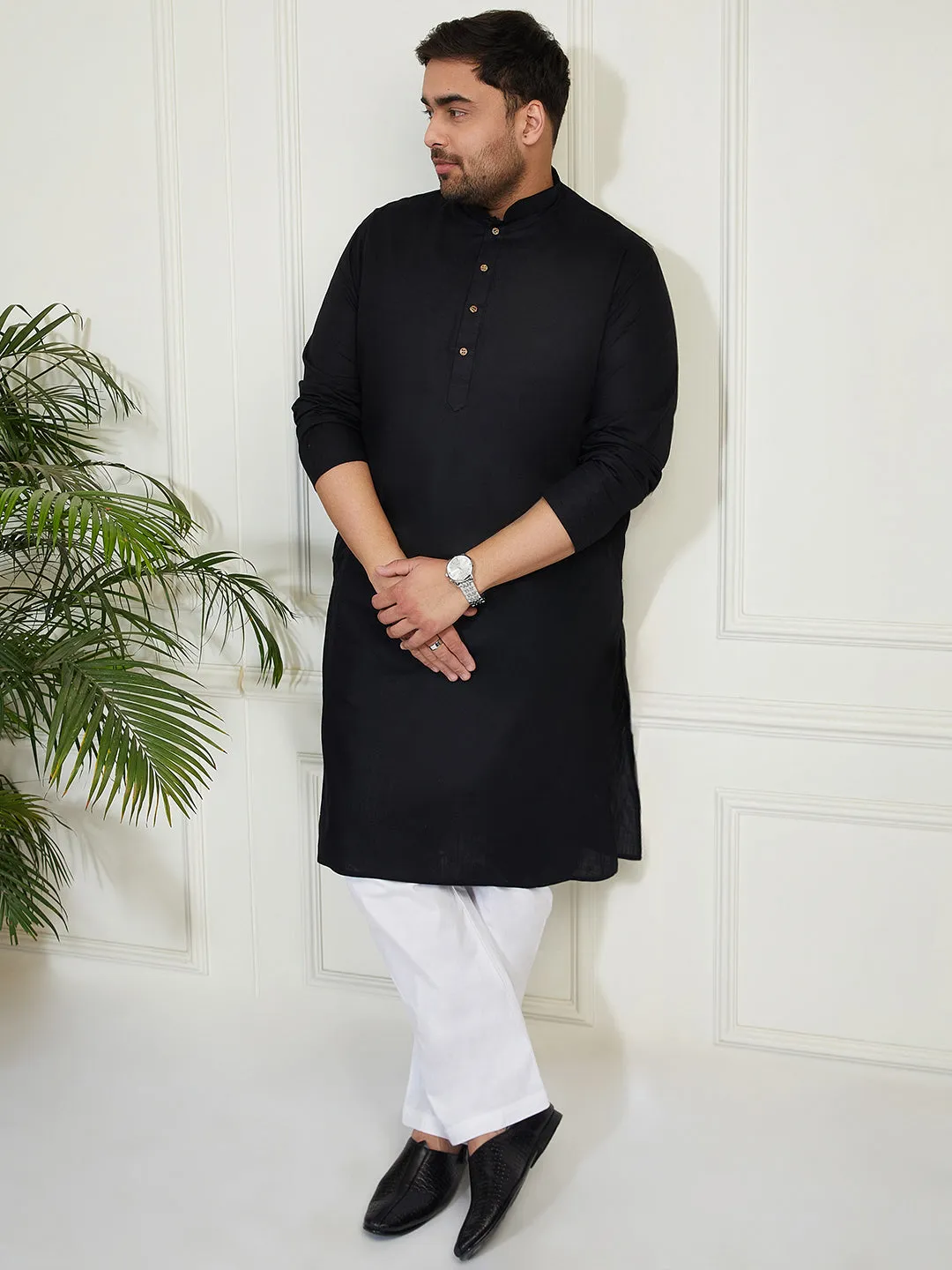 Vastramay Plus Men's Black Cotton Linen Kurta Pyjama Set