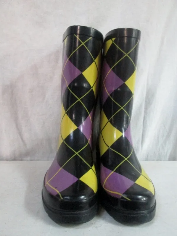 Womens Ladies ARGYLE Wellies Rain Boots Gumboots Foul Weather 9.5 YELLOW PURPLE BLACK