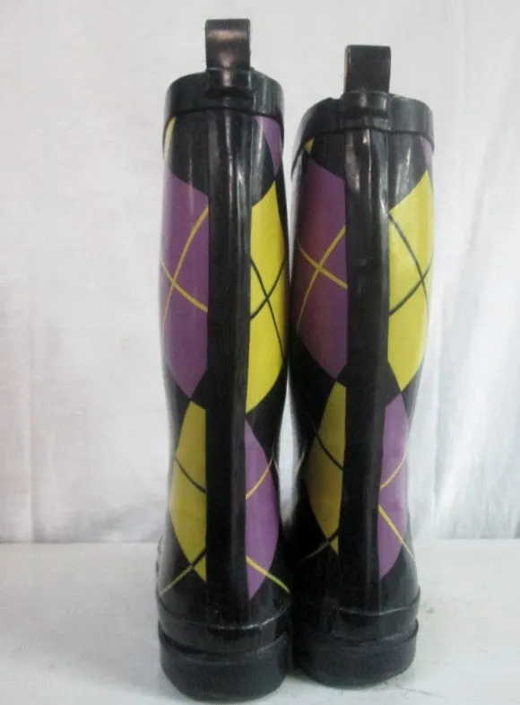 Womens Ladies ARGYLE Wellies Rain Boots Gumboots Foul Weather 9.5 YELLOW PURPLE BLACK